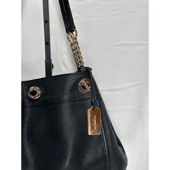 COACH Original Pebbled Turnlock Chain 3 Compartment Tote Shoulder Bag Black/Gld - Picture 11 of 16
